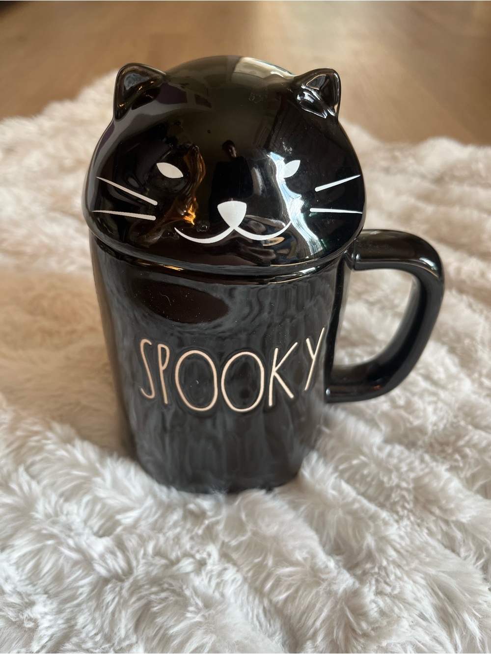 Rae Dunn Black Cat 'Spooky' Ceramic Mug with Lid